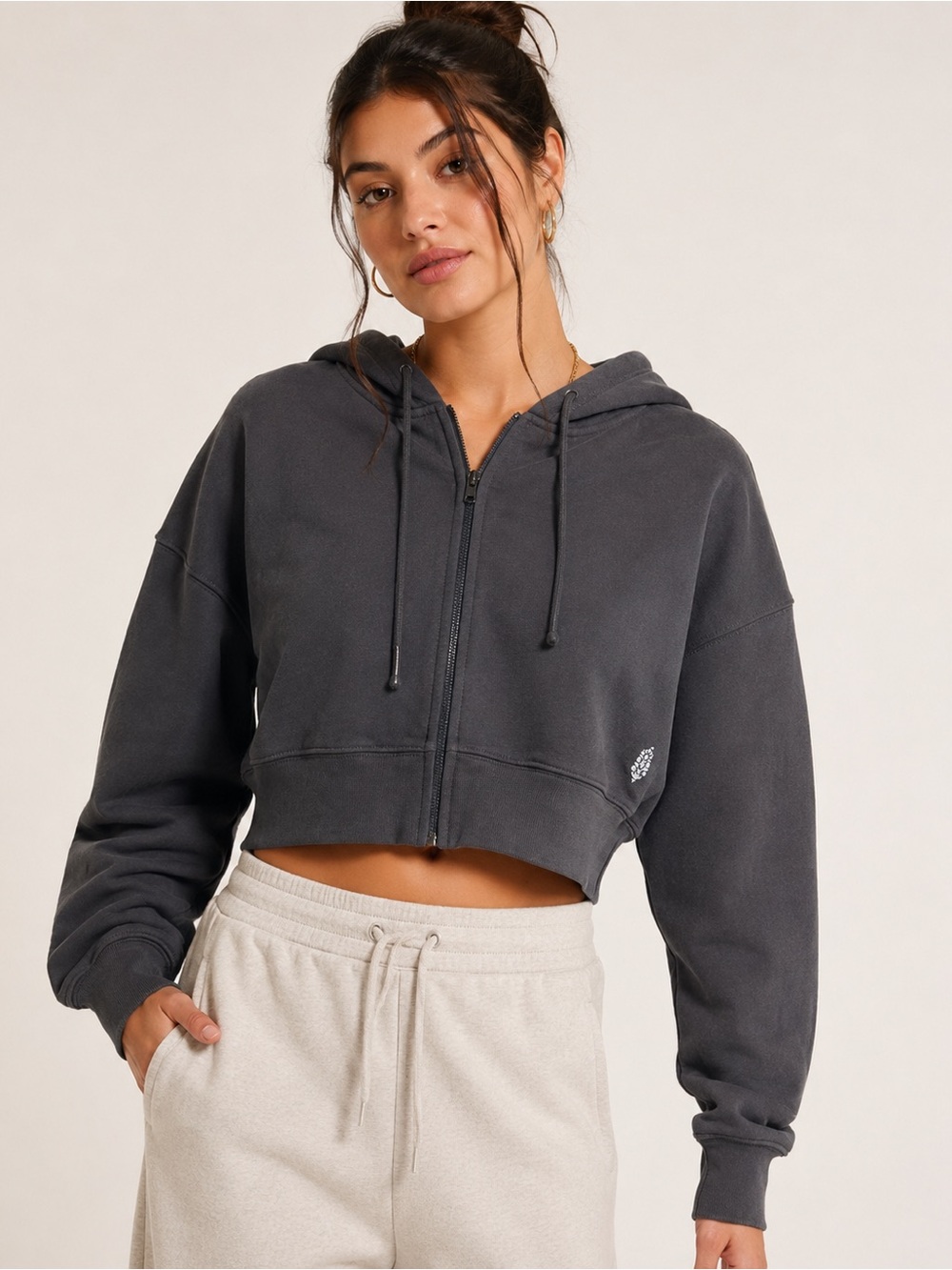 Free People Movement French Terry Cotton Crop Pleated Back Zip Up Hoodie
